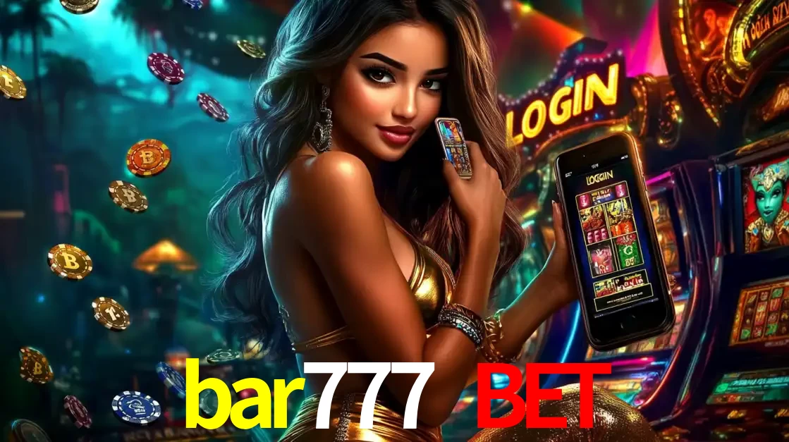 Mulher em um cenário de cassino temático de aventura, mostrando o app de caça-níqueis da bar777 bet no celular. Fichas de apostas flutuam ao redor.