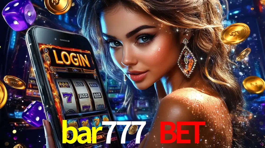 Mulher glamorosa segurando um smartphone com a tela de login para os jogos de caça-níqueis do cassino online bar777 bet, com moedas de ouro e dados ao redor.