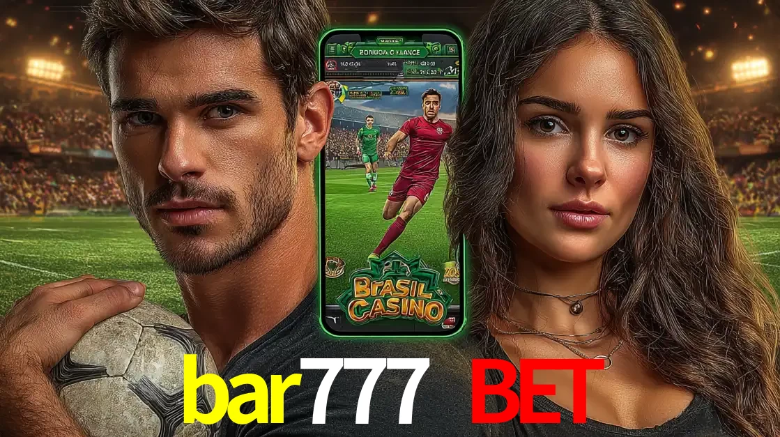 Homem segurando uma bola de futebol e uma mulher ao lado de um smartphone exibindo o jogo de apostas esportivas da bar777 bet. Faça seu palpite no cassino online.